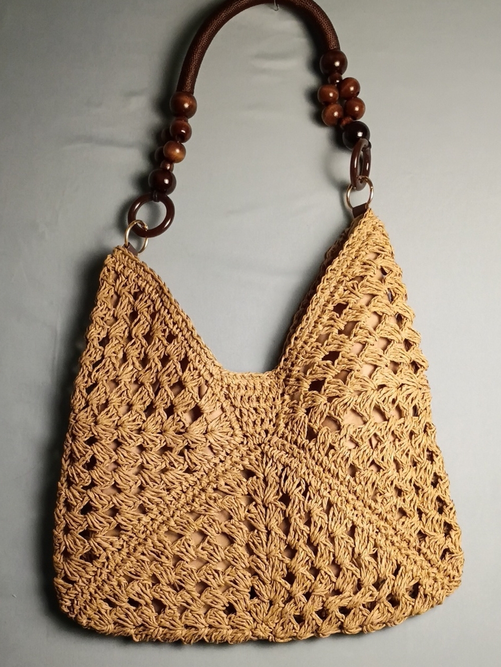 Handcrafted Crochet Shoulder Bag with Beaded Handle - Tan - Picture 2 of 4